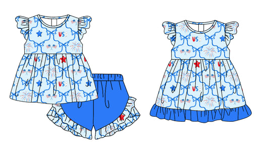 25.11.18 custom each style moq 5 eta 6-8week Sibling Sister USA flag bow baby girl short sleeve shorts sets and dress match design