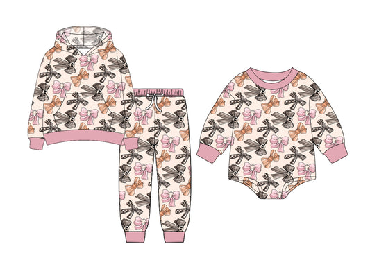 25.7.11 custom each style moq 5eta 4-6week Sibling Sister bow baby girl long sleeve pants sets and rompers match family design