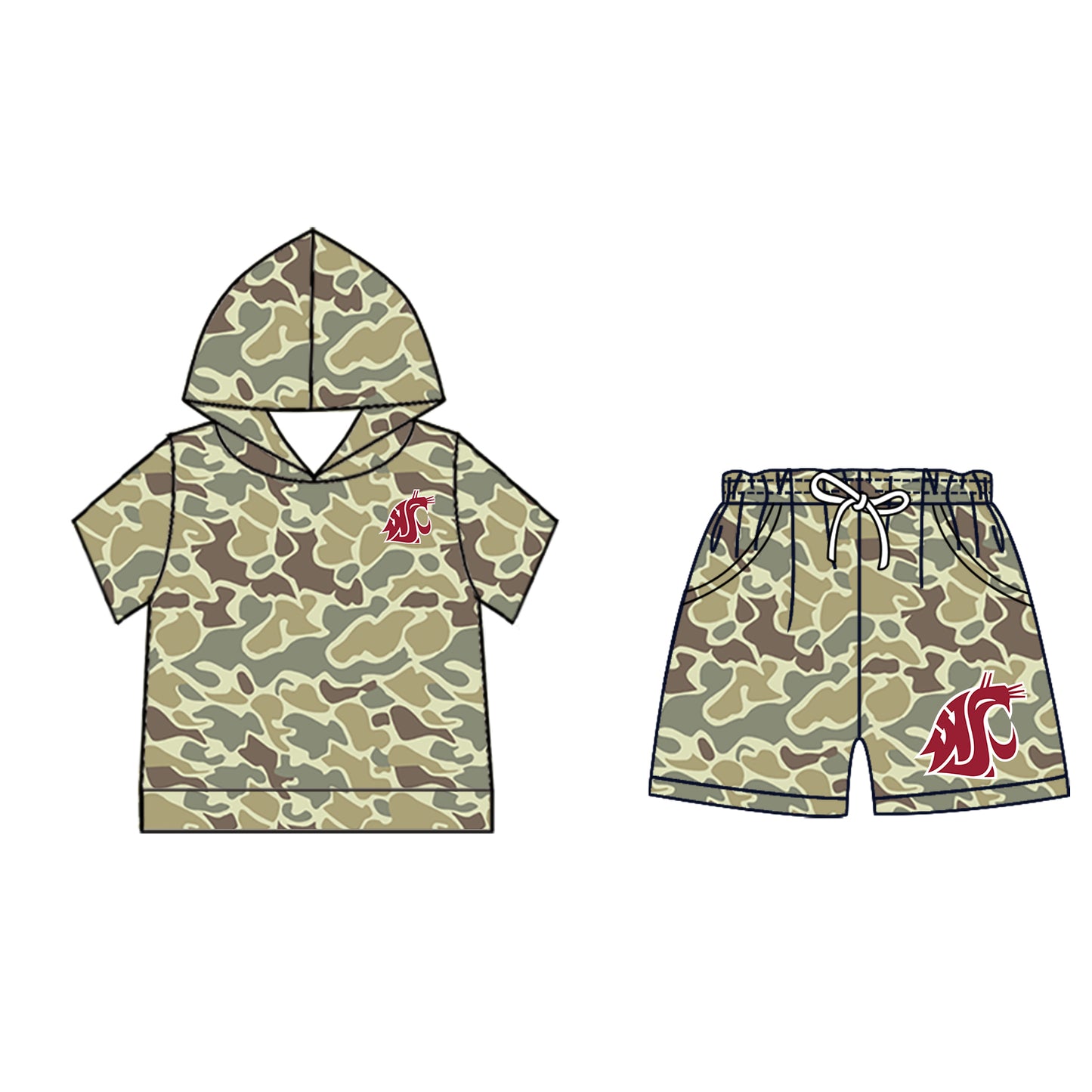 Custom moq 5 mix size milk silk summer teams Camo Hooded Short Sleeve Top Shorts Set Ice Cream Drips Red Hooded Top with Matching Shorts For Kids