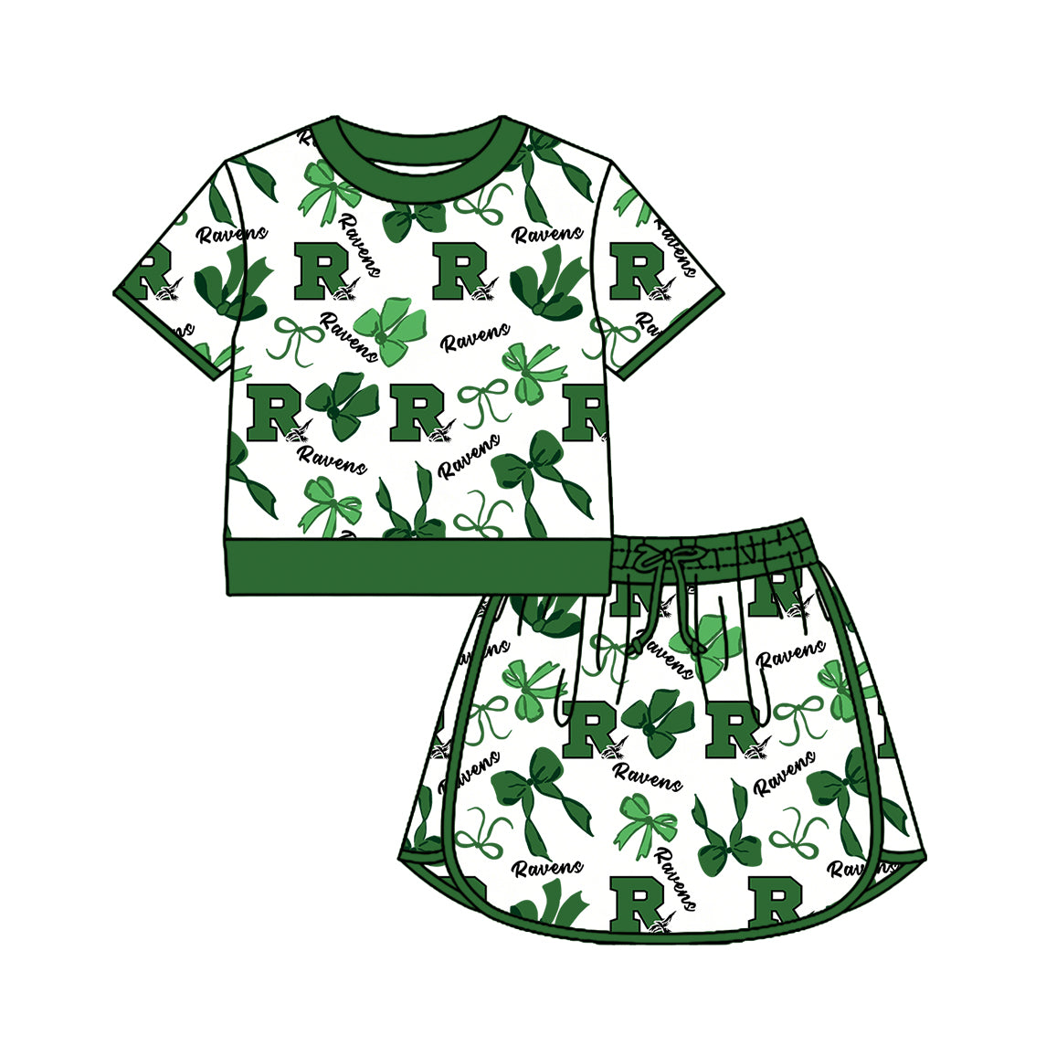 Custom moq 5 mix size summer teams Girls Green Polka Dot Top Shorts Set Top Skirt Short Set Zipper Pullover Pants Set