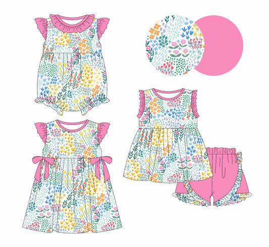 3.5 Custom moq 5 mix size Sibling Baby Girl's Flowers Sleeveless Top And Pink Ruffle Short Set Cute Romper Dress for Summer