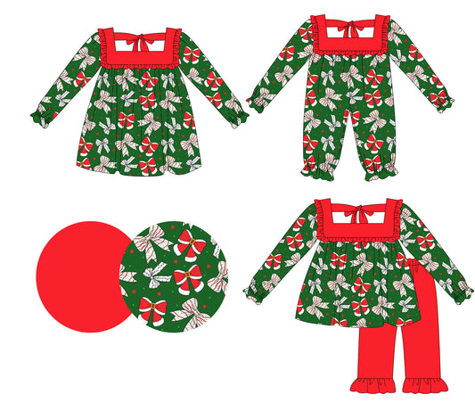 25.6.19 custom each style moq 5eta 4-6week Sibling Sisters Christmas bow green baby girl long sleeve pants sets and dress and rompers match family design