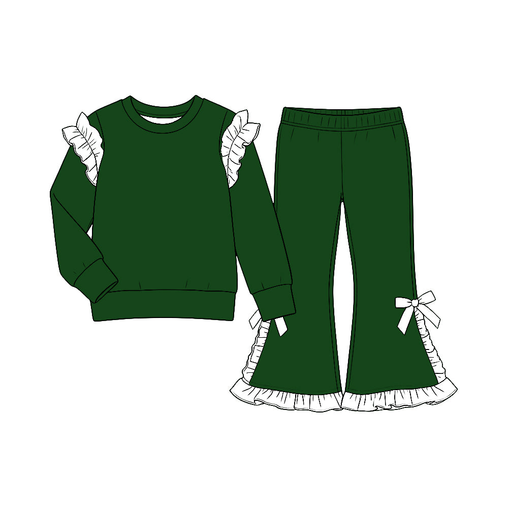 custom moq 5 mix size Baby Girls Dark Green Ruffle Long Sleeve Top And Flare Pant With Bows Set