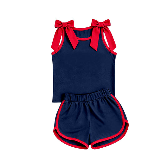 custom moq 5 mix size Baby Girls Red Bow Sleeveless Navy Blue Top Shorts Team Athletic Set