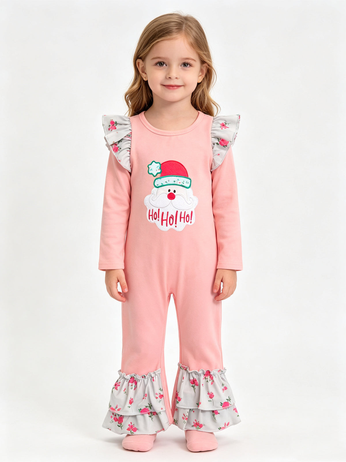 (Sample) No moq milk silk LR3215 Embroidery Flowers Santa Baby Girls Christmas Ruffle Pant Rompers Christmas Daily Wear Romper