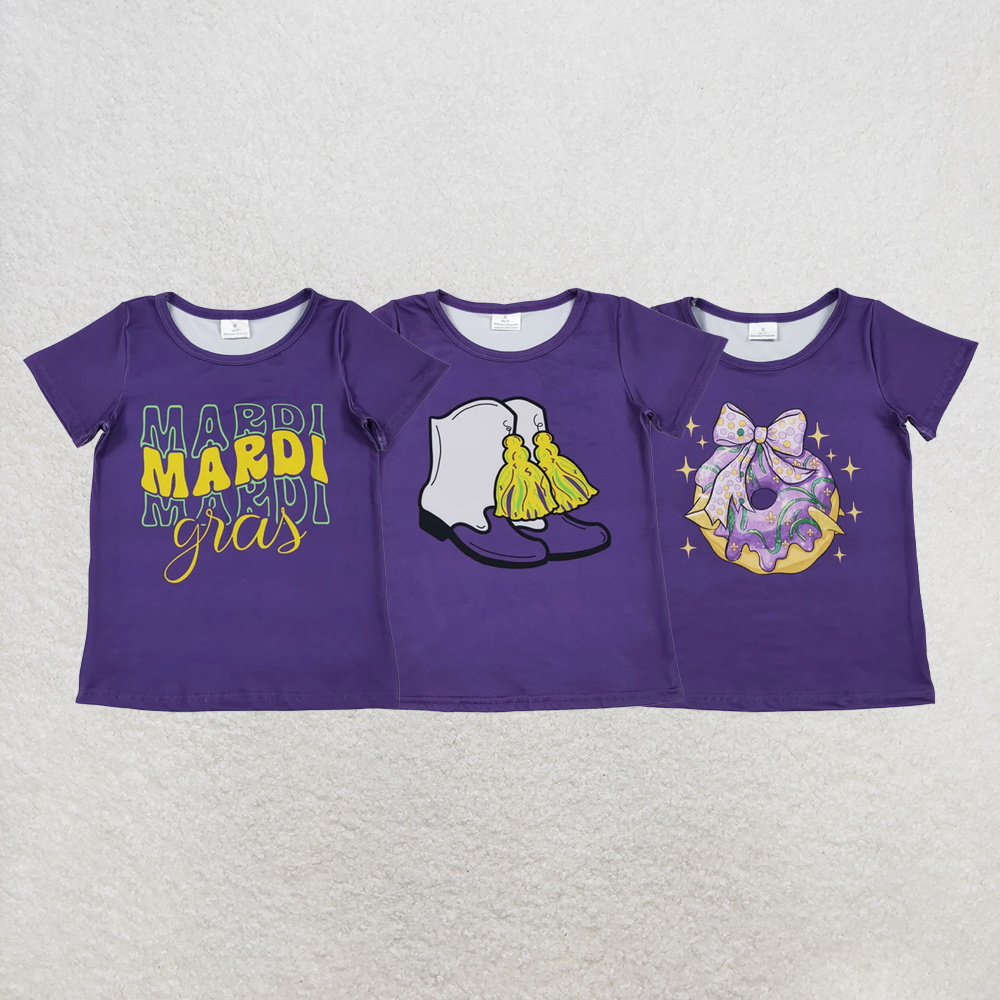 RTS NO MOQ Sibling Baby Girls Purple Short Sleeve Bow Donuts Boots Tassel Mardigras T-shirts Tops