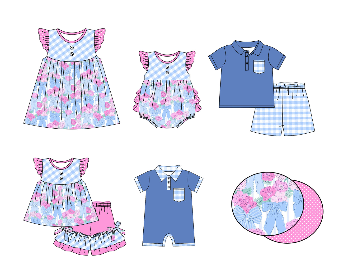 11.13 custom each style moq 5eta 4-6week Sibling Sister bow floral baby girl short sleeve shorts sets and sets 2 and girls romper and boy romper and dress match design