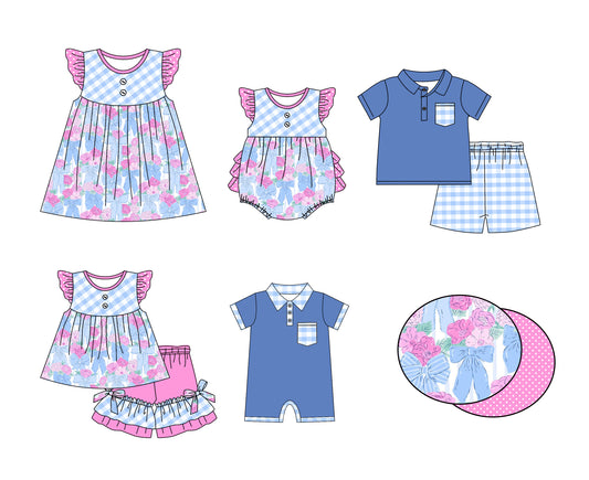 11.13 custom each style moq 5eta 4-6week Sibling Sister bow floral baby girl short sleeve shorts sets and sets 2 and girls romper and boy romper and dress match design