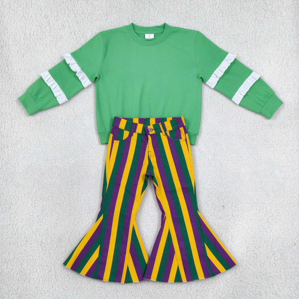 NEW RTS NO MOQ Denim GT1858+ P0327 Baby Girls Green White Patchwork Long Sleeve T-shirts Top Purple Green Gold Stripes Bell Denim Pants Jeans Sets