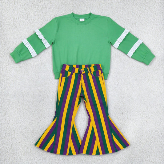 NEW RTS NO MOQ Denim GT1858+ P0327 Baby Girls Green White Patchwork Long Sleeve T-shirts Top Purple Green Gold Stripes Bell Denim Pants Jeans Sets