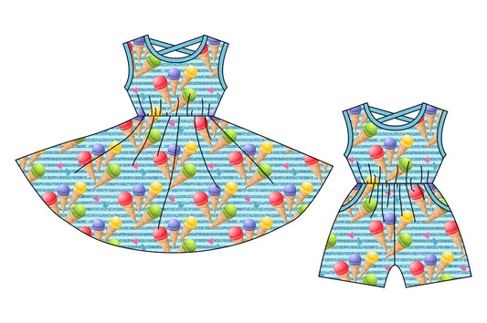 12.24 custom each style moq 5eta 4-6week Sibling Sister ice cream baby girl short sleeve shorts dress and jumpsuit match design