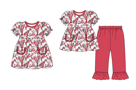 25.9.10 custom each style moq 5eta 4-6week Sibling Sisters lobster baby girl short sleeve pants sets and dress match family design