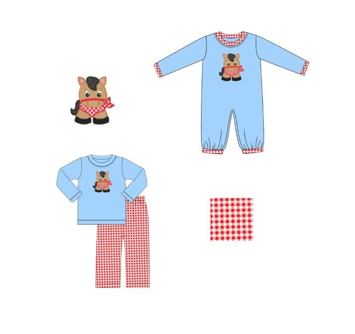5.20custom each style moq 5eta 4-5week Sibling Sister horse prints blue girls outfits and baby romper match family design