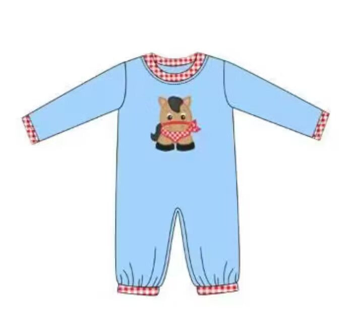 5.20custom each style moq 5eta 4-5week Sibling Sister horse prints blue girls outfits and baby romper match family design