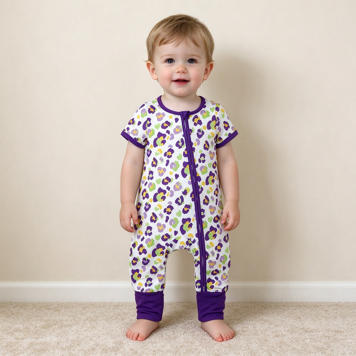 NEW RTS NO MOQ milk silk SR4312 Baby Girls Purple Leopard Printed Short Sleeve Two Way Zip Convertible Rompers