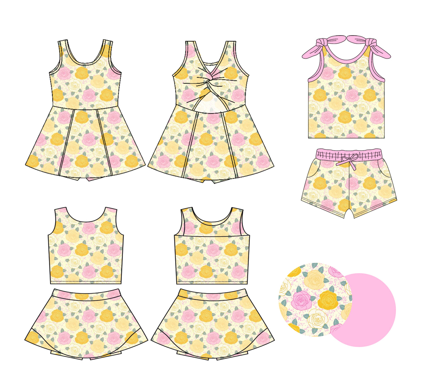 2.28 Custom moq 5 mix size Sibling Baby Girls Floral print Sleeveless Top And Shorts Set Sleeveless Top And Skirt Sets Dress Yoga Outfit