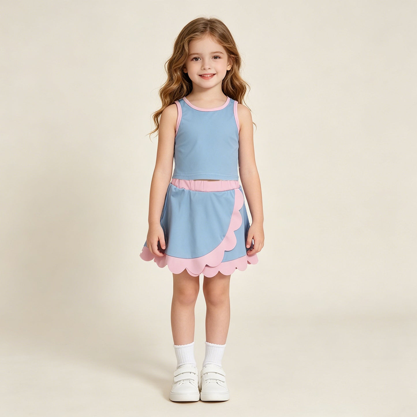 RTS NO MOQ yoga fabric cotton GSD4014 Baby Girls Summer Blue Pink Sleeveless Scallop Skirt Yoga Set