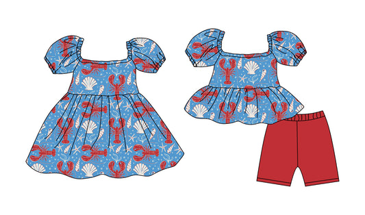 Custom moq 5 mix size Sibling Baby Girl's Blue Short-Sleeved Top And Shorts Set Cute Dress Combination for Little Ones