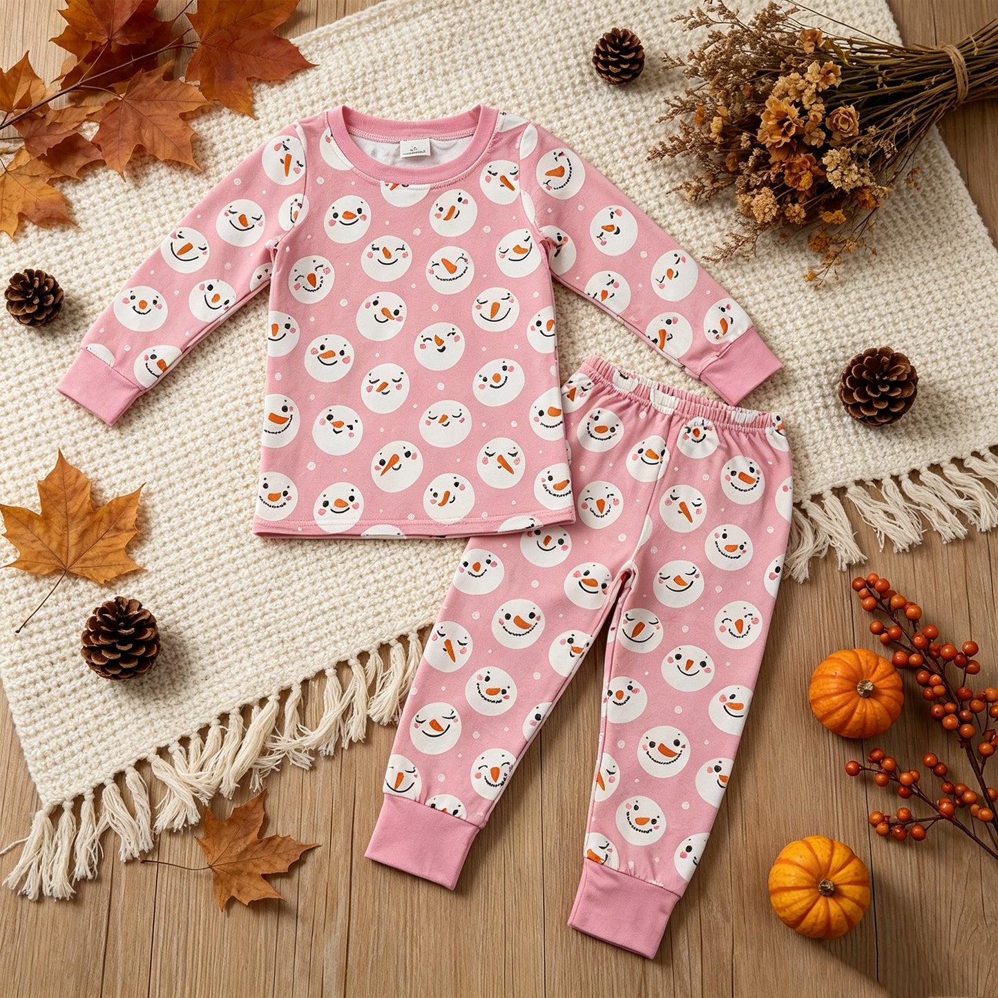 NEW RTS NO MOQ milk silk GLP3543 Baby Girls Pink Snowman Print Long Sleeve Top Matching Full Length Pants Christmas Pajamas Set