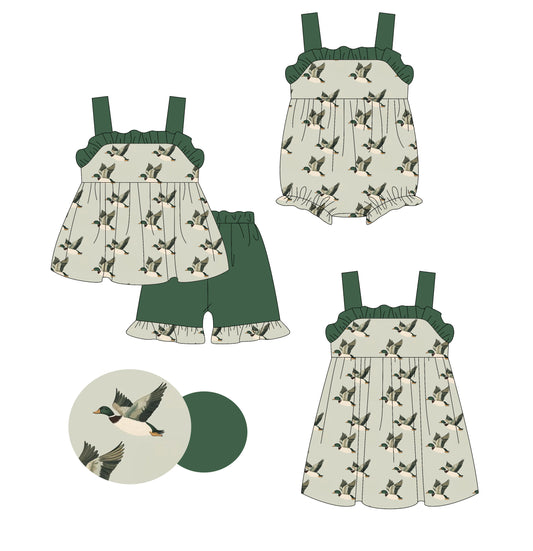 3.21 custom each style moq 5eta 4-6week Sibling Sisters duck baby girl short sleeve shorts sets and dress and rompers match family design