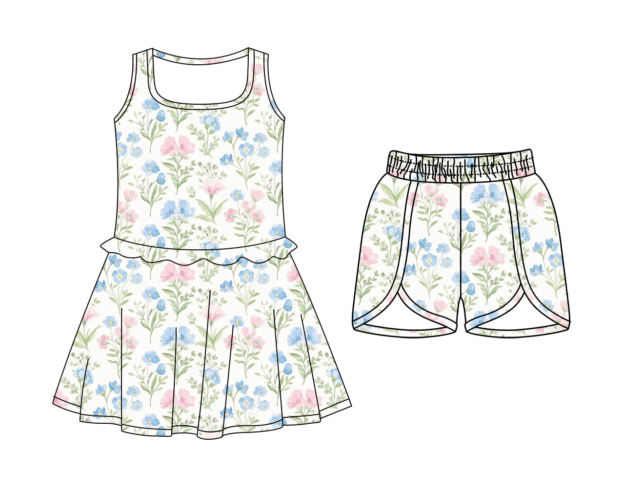 Custom moq 5 mix size Baby Girls Floral Print Sleeveless Dress with Elastic Waist Shorts