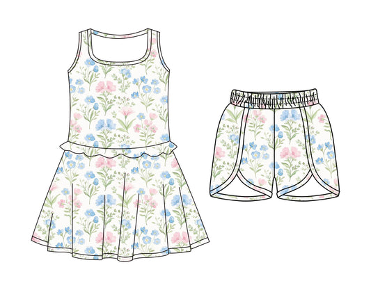 Custom moq 5 mix size Baby Girls Floral Print Sleeveless Dress with Elastic Waist Shorts