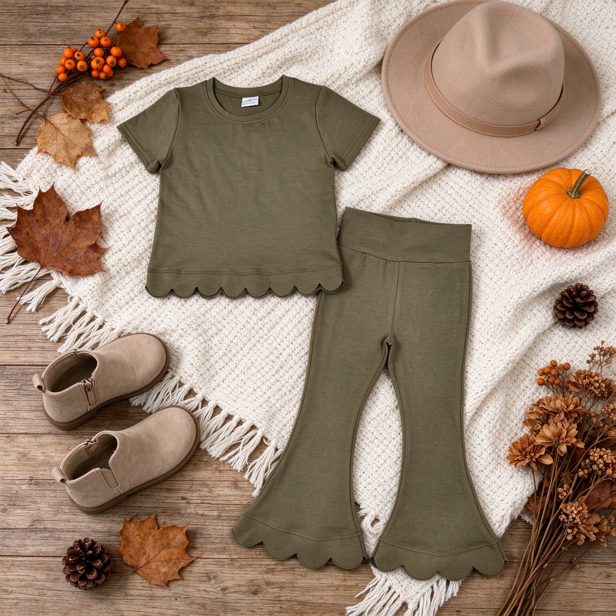 NEW RTS NO MOQ cotton GSPO2342（GT1772+P1080）Baby Girls Olive Short Sleeve Shirts Top Flare Pant Scallop Set