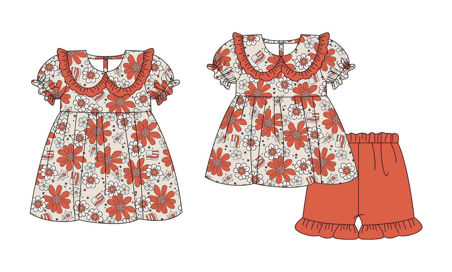 3.2 Custom moq 5 mix size Sibling Baby Girl's 4th of July Short-Sleeved Top And Red Shorts Set Cute Dress for Summer
