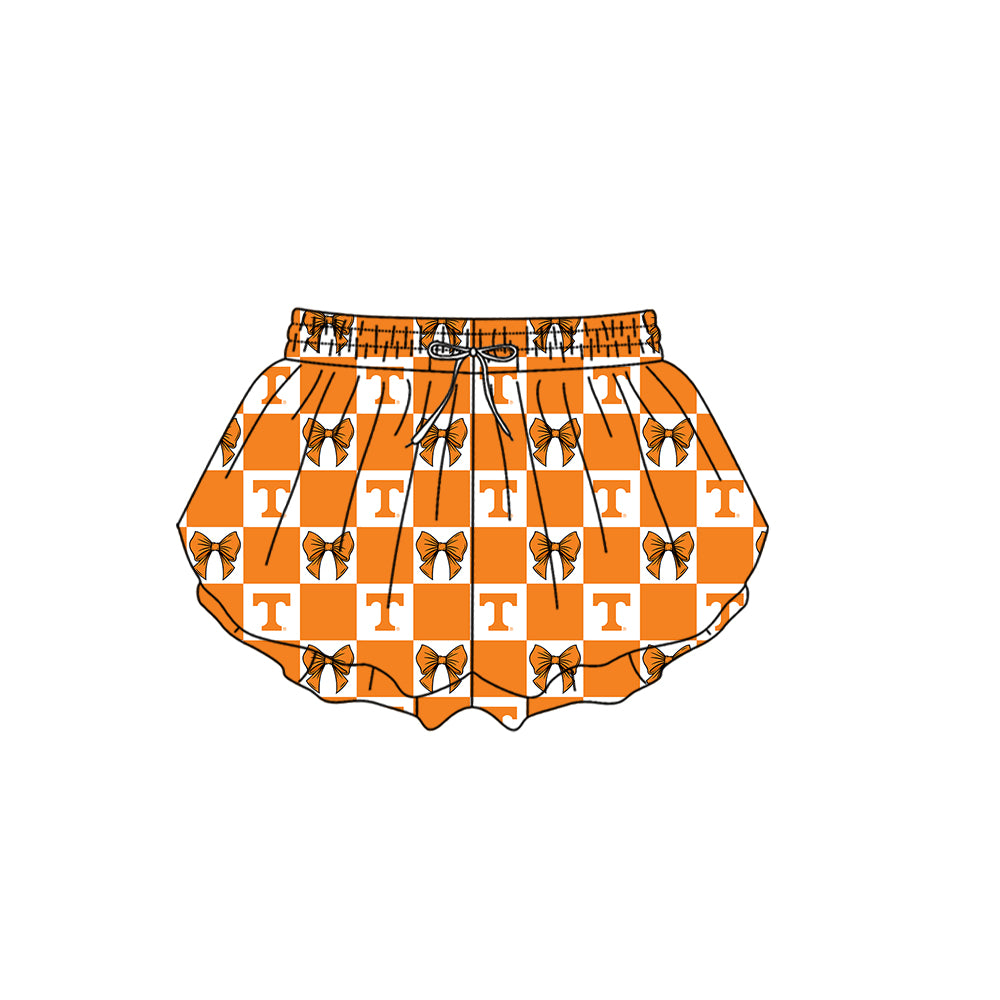 Custom moq 3 or 5 mix size milk silk summer teams baby girl clothes bow orange summer shorts-26.1.20