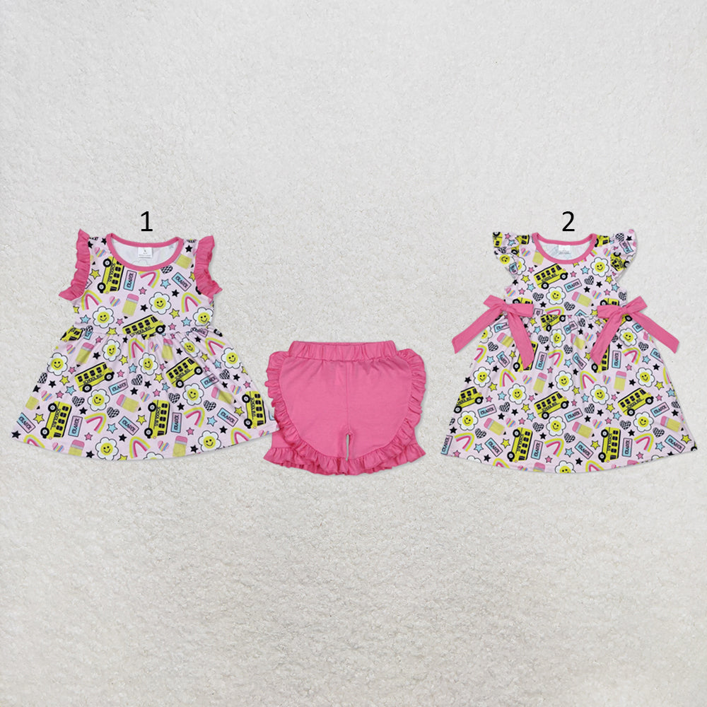 RTS NO MOQ Sibling milk silk Baby Girls School Bus Print Tunic Ruffle Hem Shorts Back To School Casual Outfit Dresses(2T-14-16T）