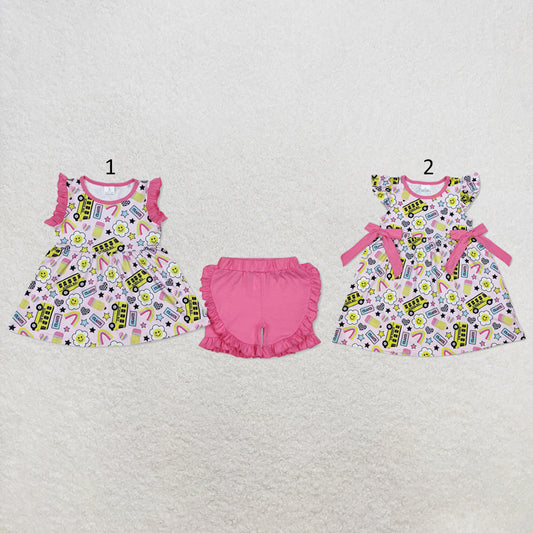 RTS NO MOQ Sibling milk silk Baby Girls School Bus Print Tunic Ruffle Hem Shorts Back To School Casual Outfit Dresses(2T-14-16T）