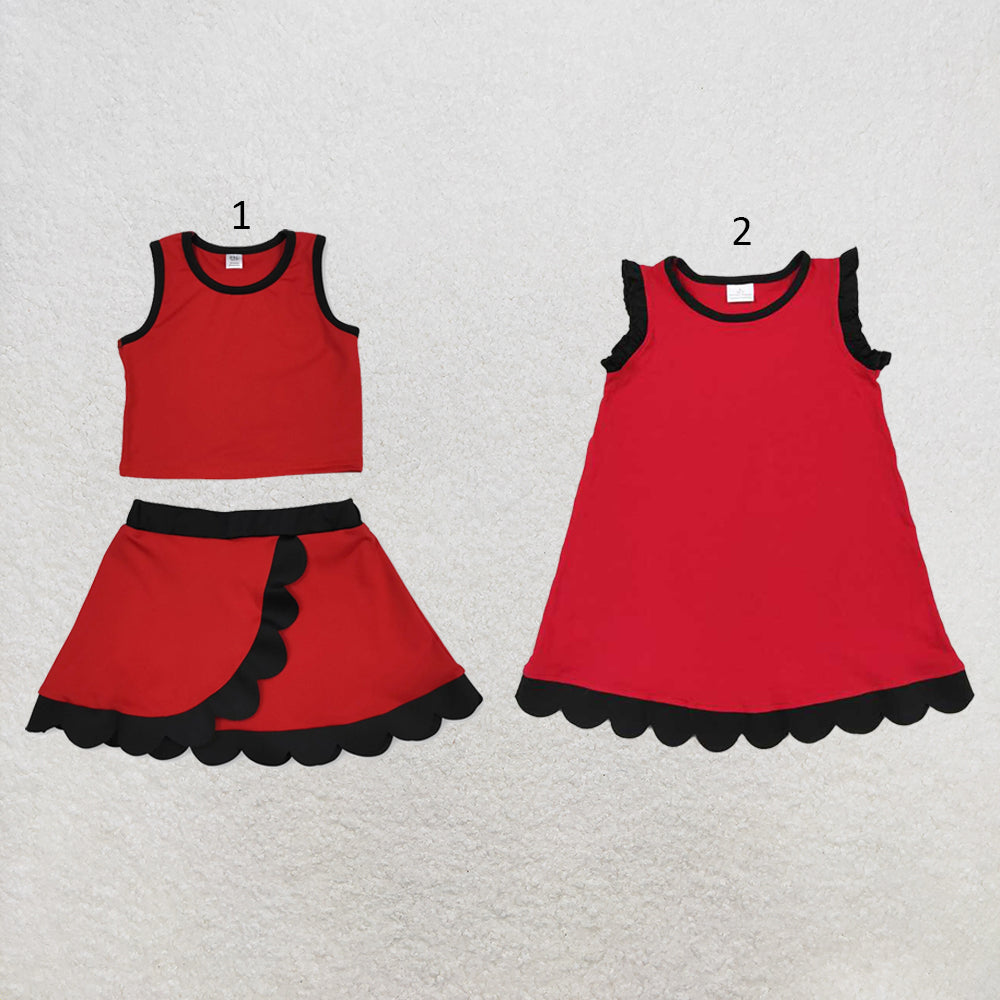 RTS NO MOQ Sibling cotton Baby Girls Red Black Sleeveless Vest And Scallop Hem Short Skirt Yoga Set Scallop Knee Length Dresses