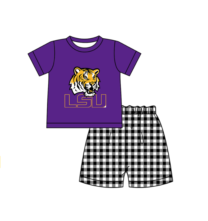 Custom moq 5 mix size milk silk summer teams baby girl boys clothes Purple Black and white checkered short sleeve shorts sets 3 and dress and rompers 2 series