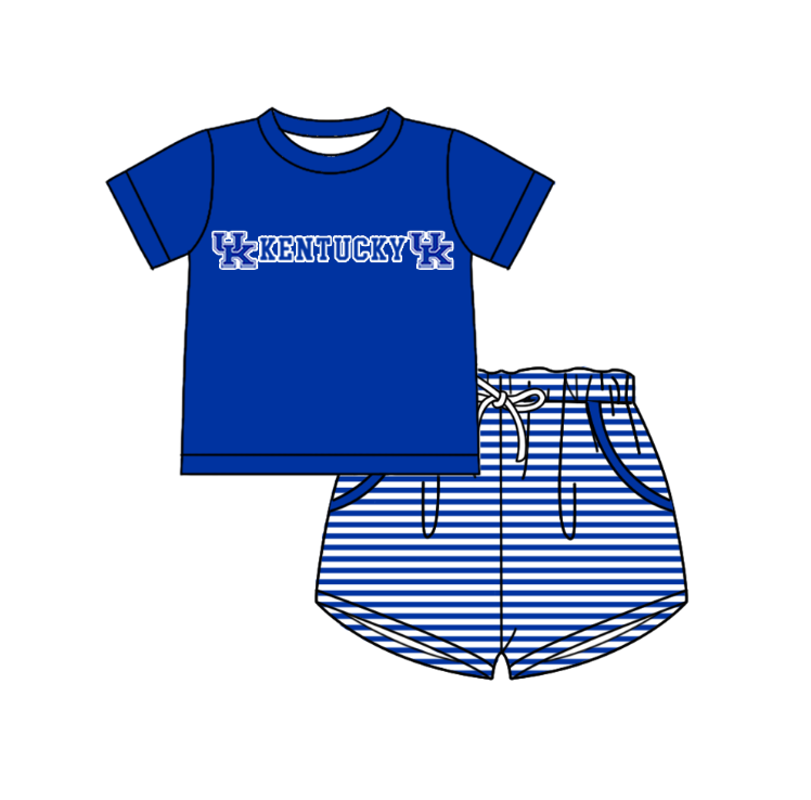 Custom moq 5 mix size milk silk summer teams Boys Short Sleeve Top Blue Striped Shorts Set With Matching Romper Girls Flutter Sleeve Polka Dot Dress Romper