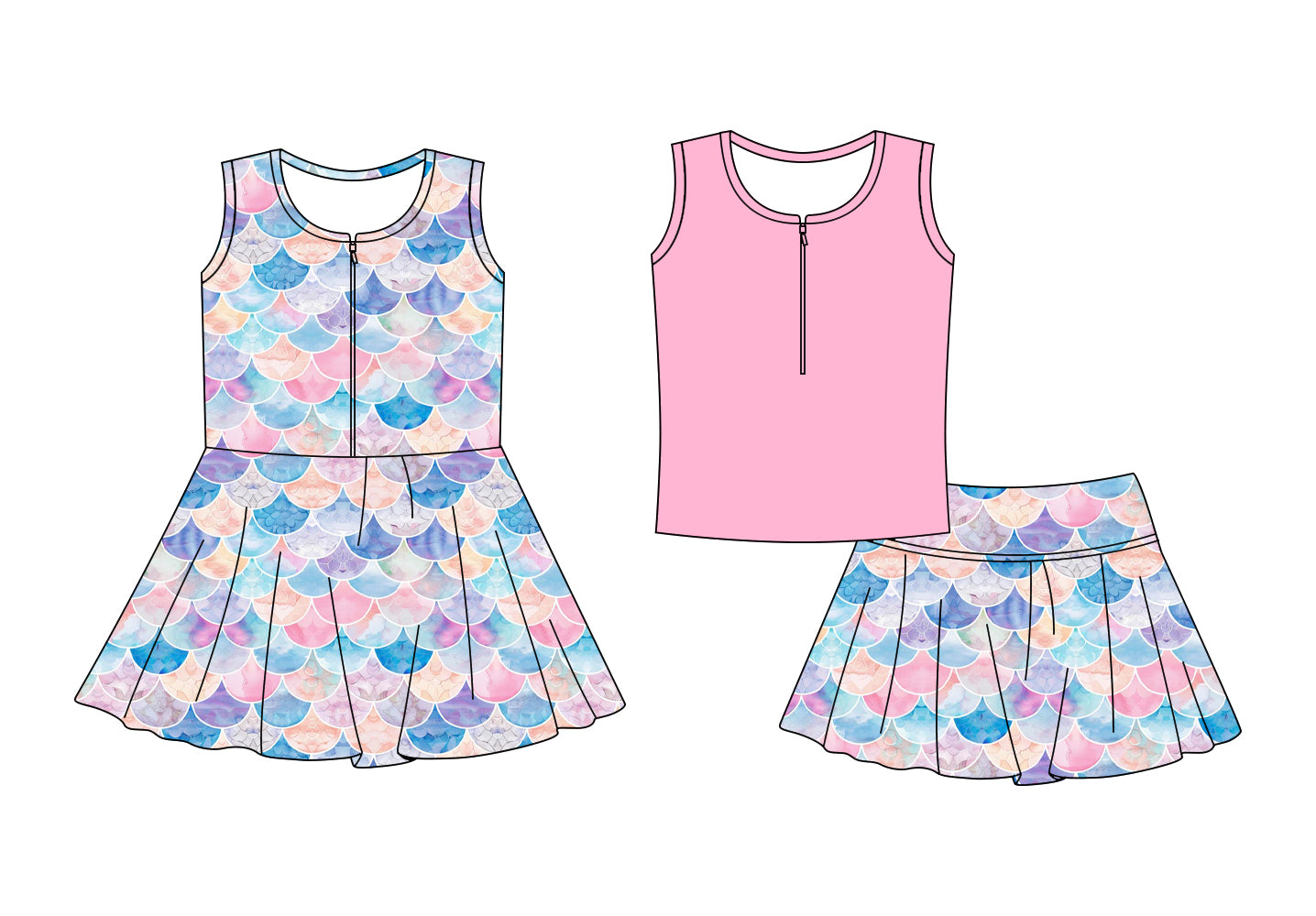 Custom moq 5 mix size Sibling Pink Baby Girls' Sleeveless Zipper Yoga Set Skirt Top Set Cute Zipper Yoga Dress for Little Girls