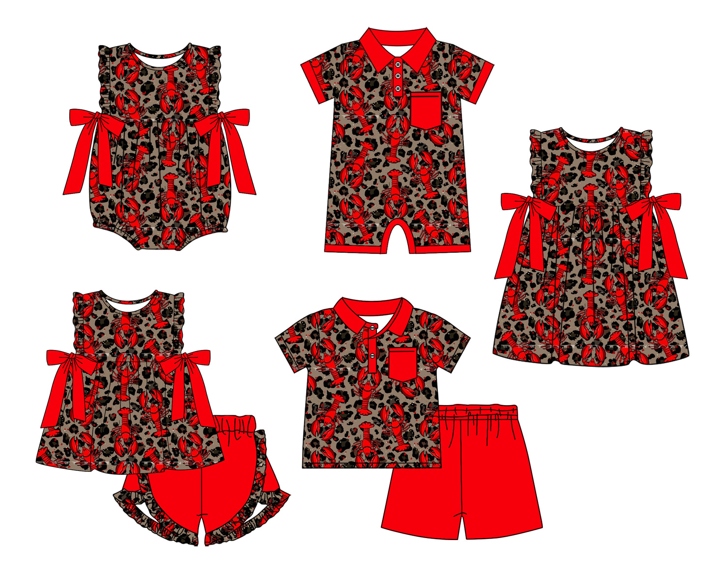 11.28 custom each style moq 5eta 4-6week Sibling Sister leopard crayfish baby girl short sleeve shorts sets and sets 2 and girls romper and boy romper and dress match design