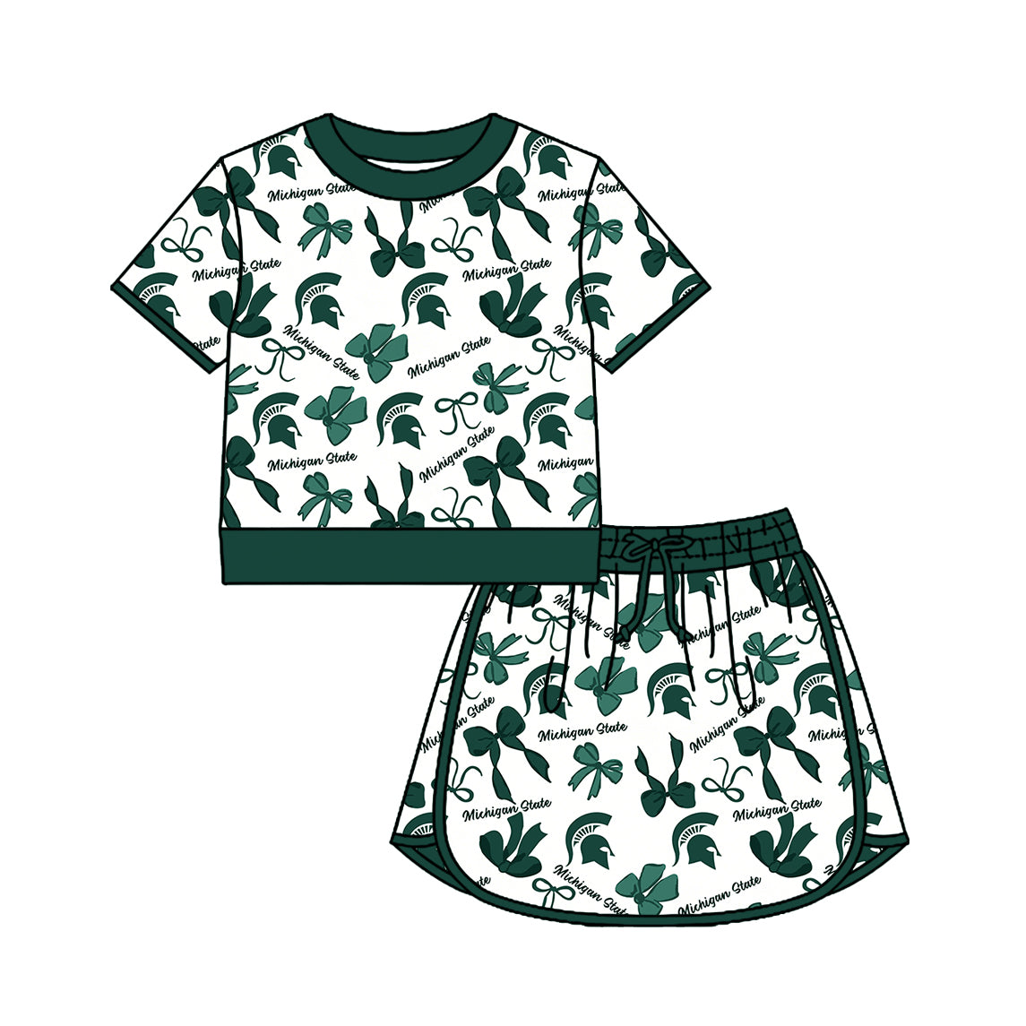 Custom moq 5 mix size summer teams Girls Green Polka Dot Top Shorts Set Bows Print Top Skirt Set Zipper Pullover Pants Set