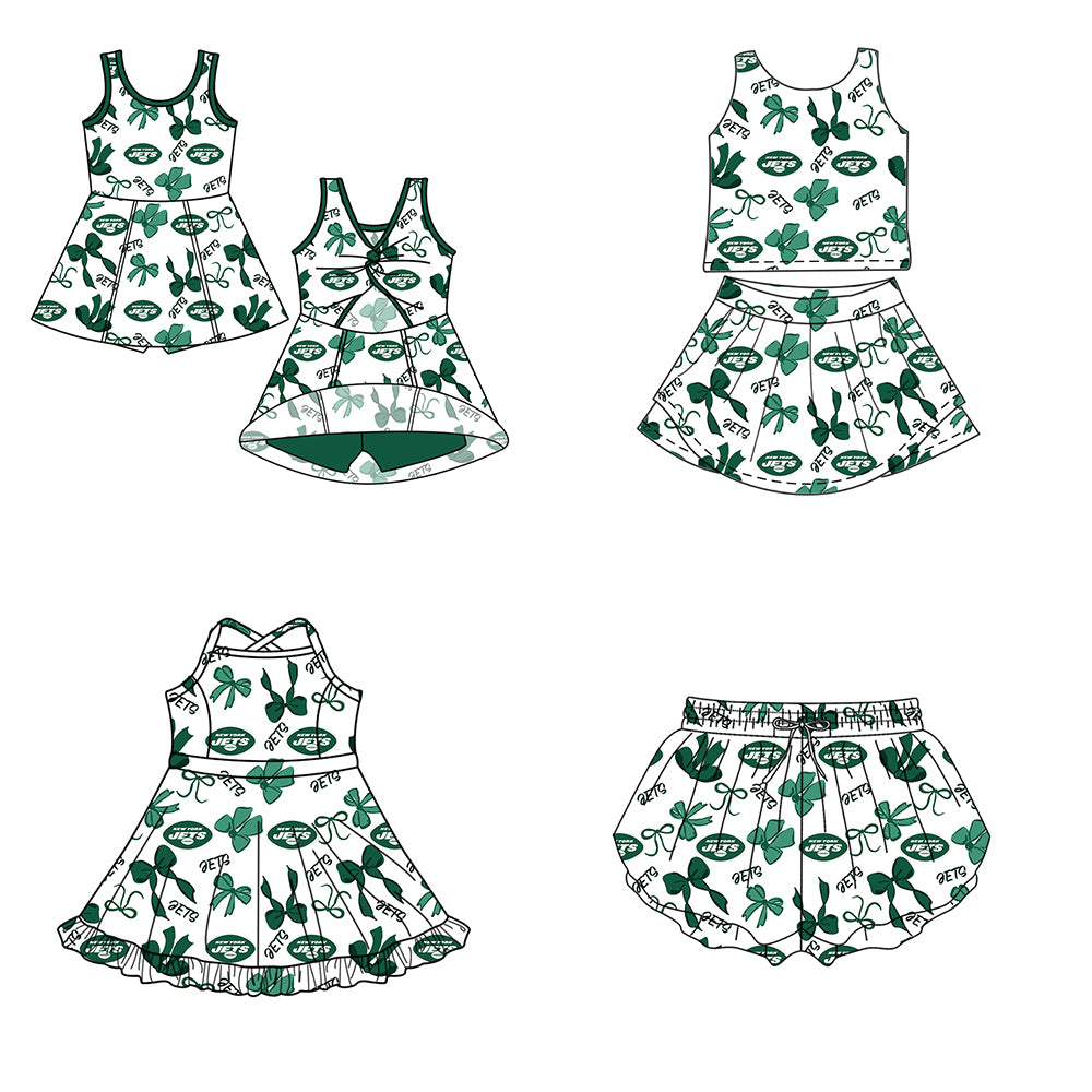 Custom moq 5 mix size milk silk summer teams Baby Girls Green Bow Vest Top Skirt Shorts Sets Sleeveless Knee Length Dresses Yoga Shorts Active Outfit