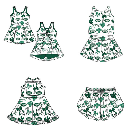 Custom moq 5 mix size milk silk summer teams Baby Girls Green Bow Vest Top Skirt Shorts Sets Sleeveless Knee Length Dresses Yoga Shorts Active Outfit