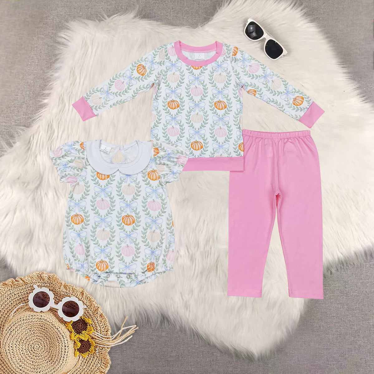 RTS NO MOQ Sibling baby girls clothes halloween pumpkin long-sleeved trousers suit & romper