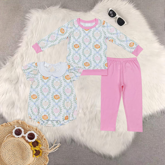 RTS NO MOQ Sibling baby girls clothes halloween pumpkin long-sleeved trousers suit & romper