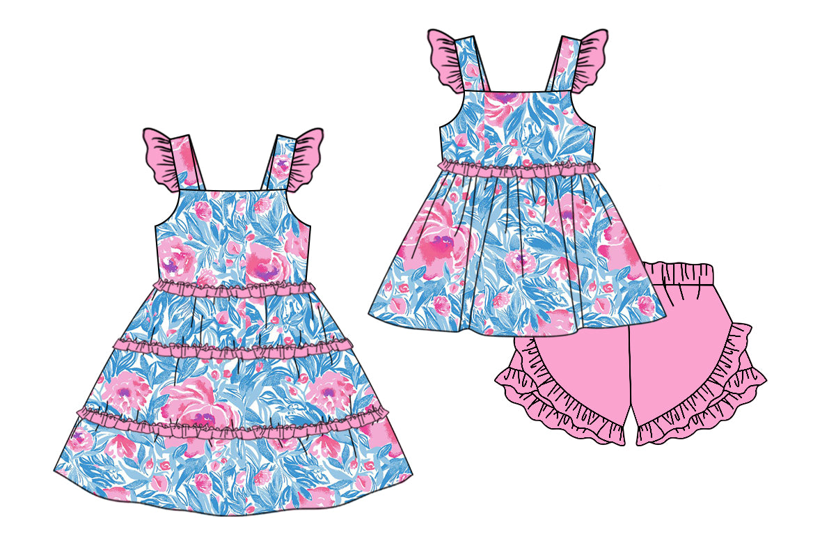 11.11 custom each style moq 5eta 4-6week Sibling Sister floral pattern baby girl short sleeve shorts sets and dresses match design