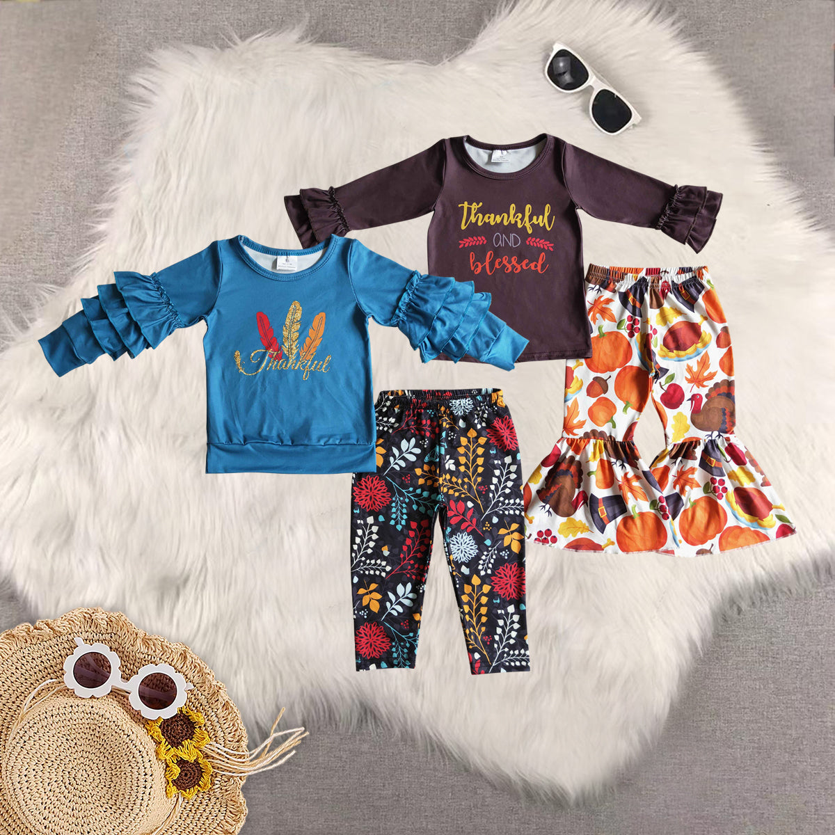 RTS NO MOQ Sibling Baby Girls thankful Long Sleeve Pants Set
