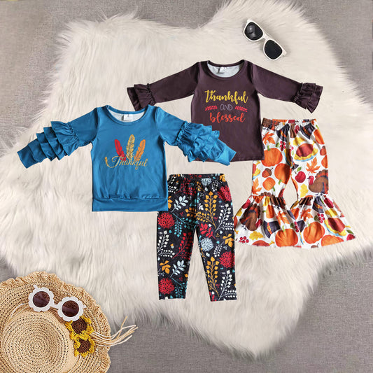 RTS NO MOQ Sibling Baby Girls thankful Long Sleeve Pants Set