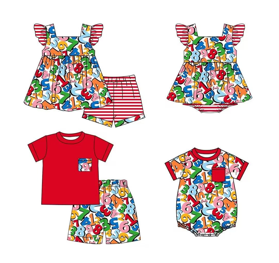 5.11custom each style moq 5eta 4-5week Sibling Sister number prints red girls and boys outfits and baby romper match family design
