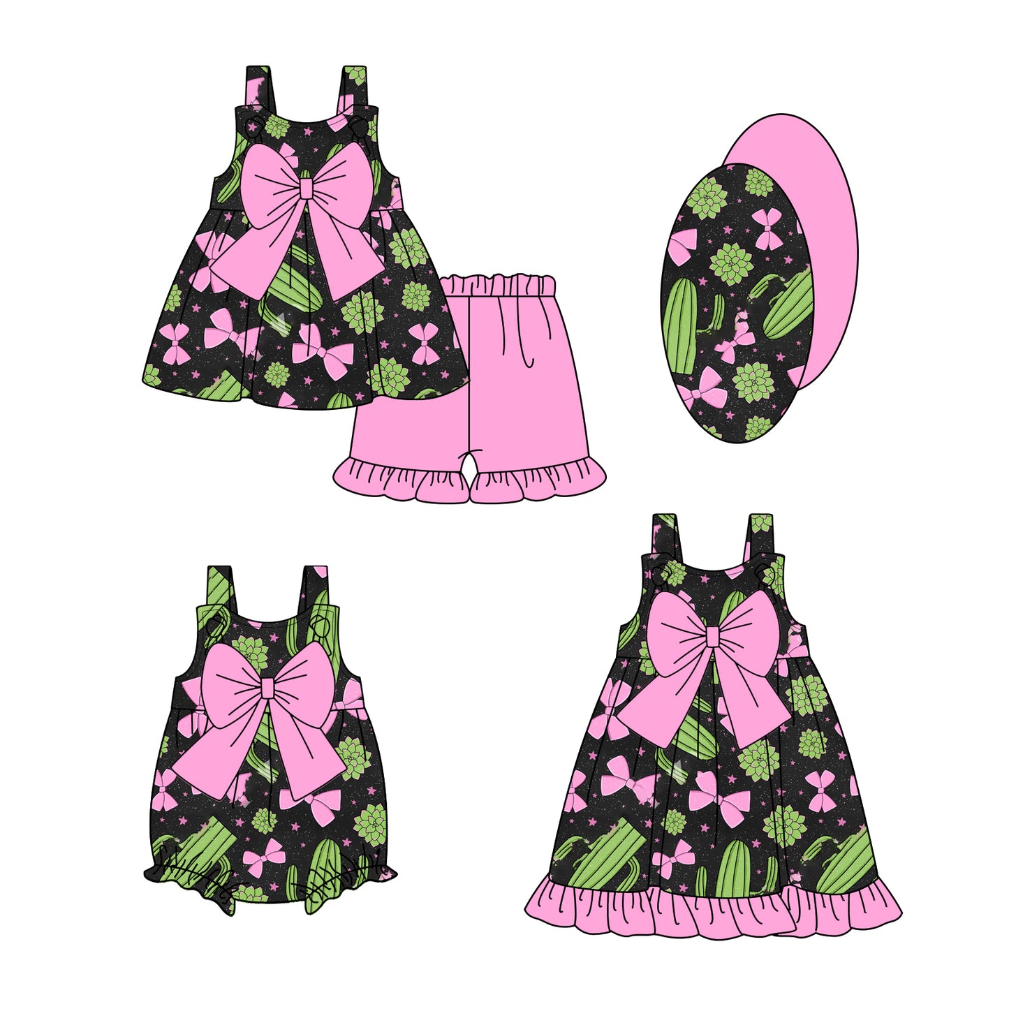2.24 custom each style moq 5eta 4-6week Sibling Sisters bow baby girl short sleeve shorts sets and dress and rompers match family design