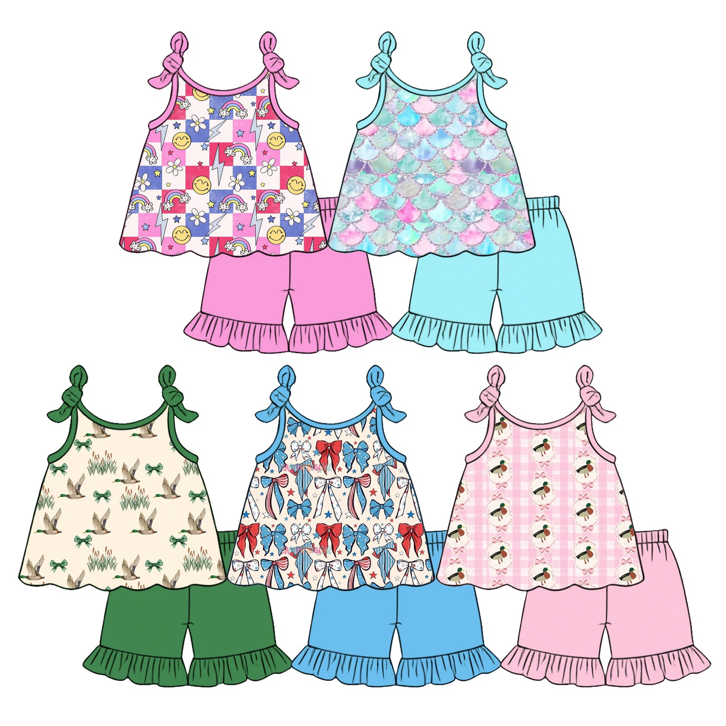 3.26 Custom moq 5 mix size Sibling Baby Girl Bow Strap Scallop Top And Shorts Set Summer Outfit
