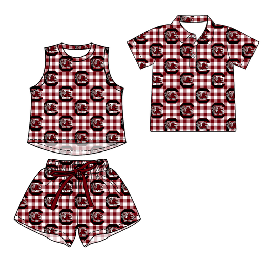 Custom moq 5 mix size milk silk summer teams Girls Red Checked  Sleeveless Top And Short Sets Boys Short Sleeve Checked Button Polo Shirt Top
