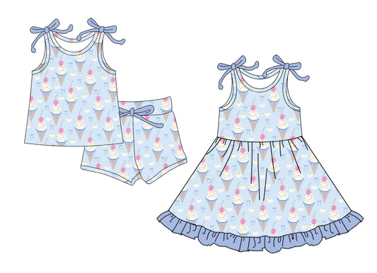 Custom moq 5 mix size Sibling Baby Girl's blue sleeveless Top And Shorts Set Cute Dress for Summer
