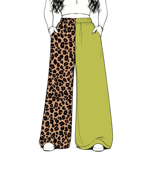 custom moq 5 mix size Baby Kids Pale Olive Leopard Patchwork Print Team Flare Pants Casual Bottom